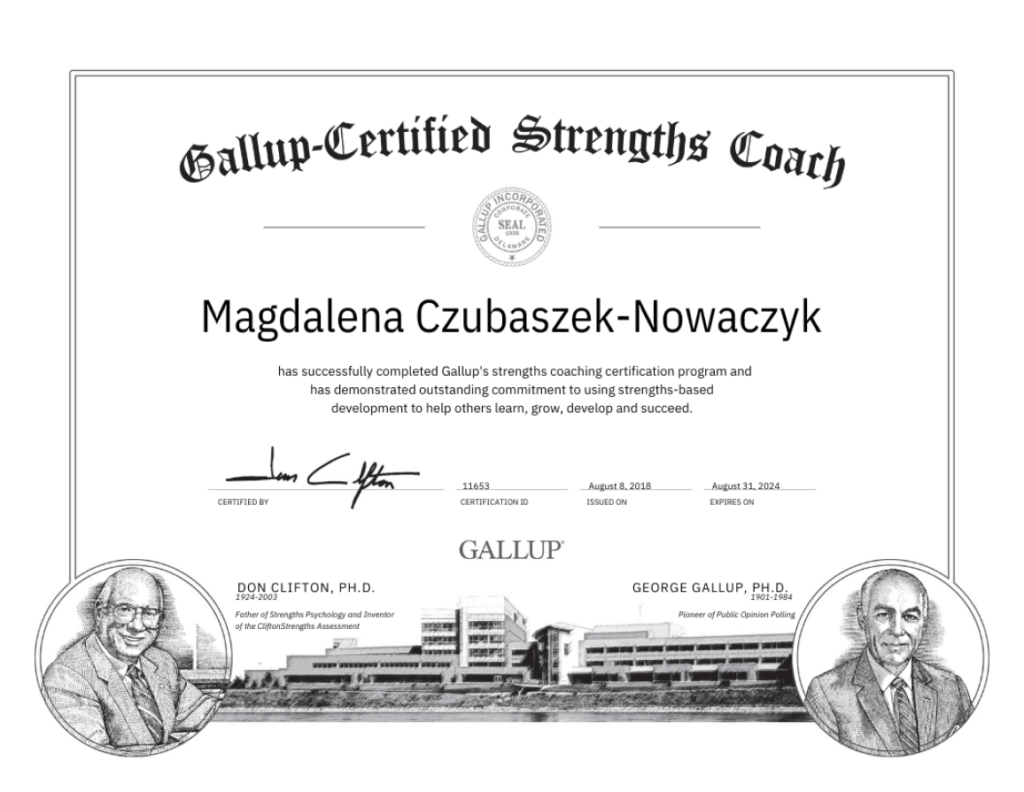 Magdalena Czubaszek Dyplom Gallup Certified Strenghts Coach