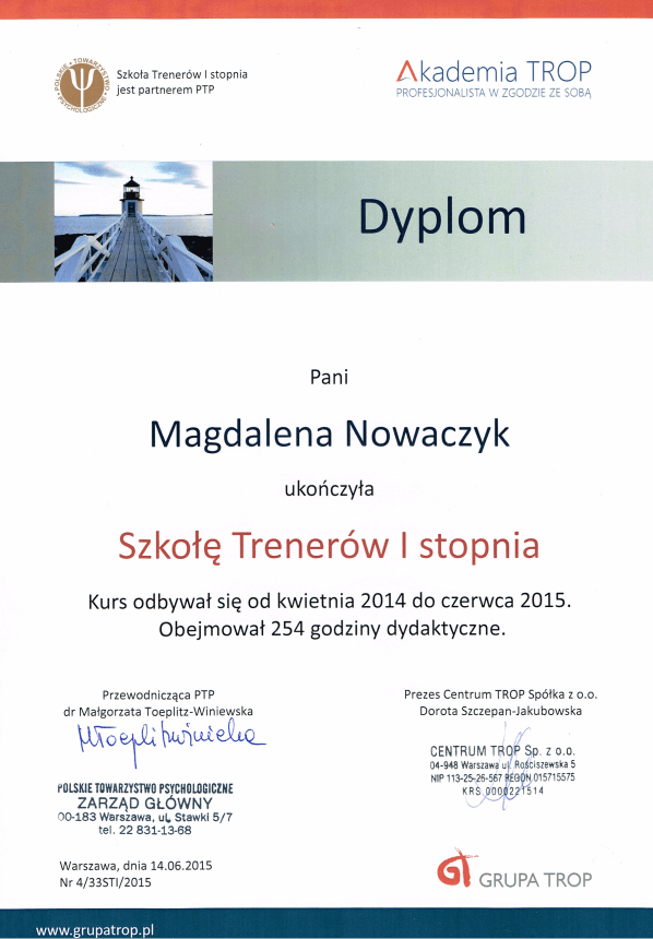 Magdalena Czubaszek Dyplom Szkoły Trenerów TROP