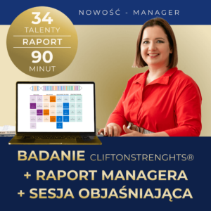 Grafika prezentująca produkt Badanie Cliftonstrenghts, z raportem managera i sesją objaśniającą