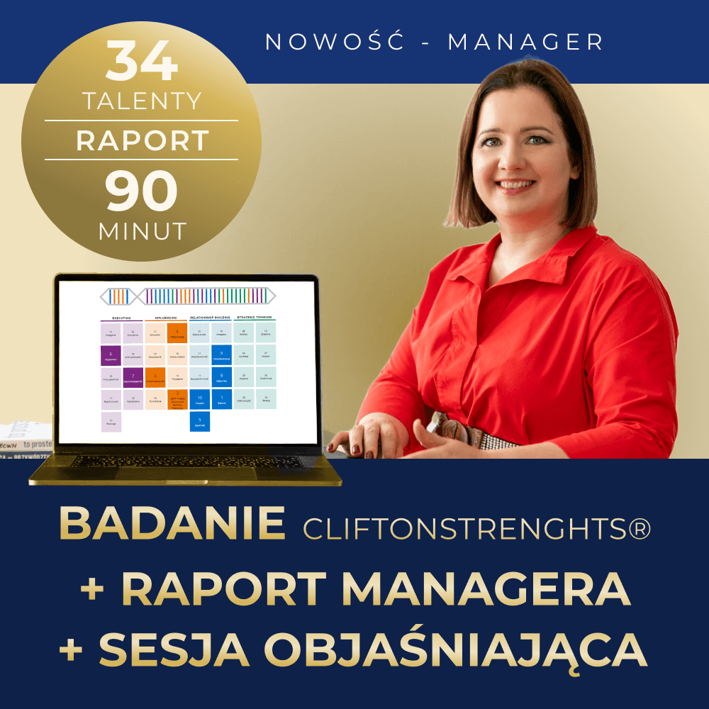 Grafika prezentująca produkt Badanie Cliftonstrenghts, z raportem managera i sesją objaśniającą